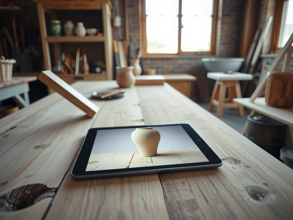 Atelier numérique montrant une tablette sur un établi en bois